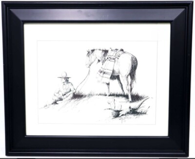 William T. Zivic Native American & Horse Framed Western Art Pen & Ink Print 1977