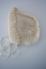 Vintage Hand Crochet Knit Ivory Christening Baby Bonnet
