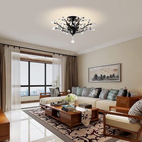 4 Light Rustic Crystal Flush Mount Ceiling Chandeliers For Living Room Kitchen - Picture 10 of 46