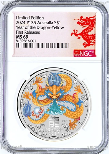 2024 Australia Silver Lunar Year of the Dragon NGC MS69 1oz $1 Coin P125 Colored