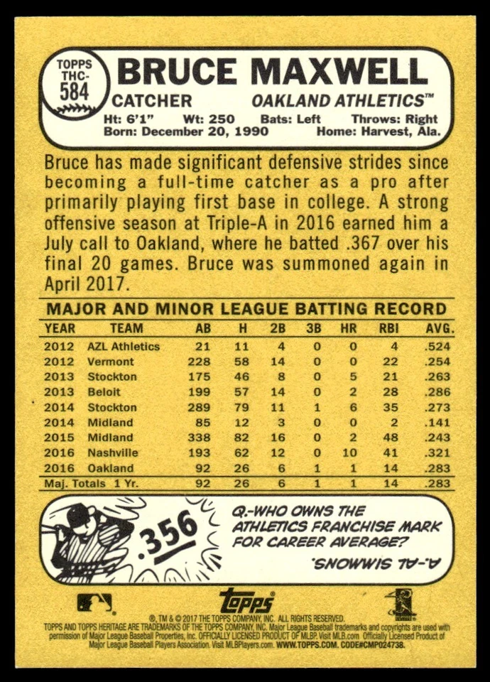 2017 Topps Heritage Chrome Purple Refractor Bruce Maxwell RC Athletics #THC-584 - Image 2 of 2