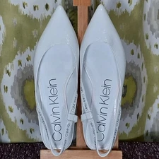 Calvin Klein Flat Women's Size 8-1/2 White Patent Leather Pointed Toe Open Back