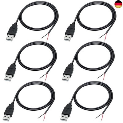 Greluma 6pcs 22AWG USB Pigtail 2 Core USB 2.0 Cable 2 Pin Bare Wire Open End 1M