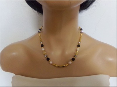 Neu edles Collier Glas Onyx Zuchtperlen Metallröhre Handarbeit Handmade Unikat
