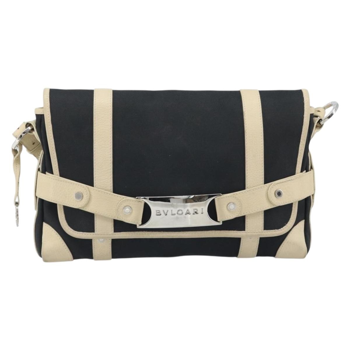 Bvlgari チャンドラ トートバッグ ベージュ/黒 BVLGARI Shoulder Bag Canvas Leather Black Ivory Silver Auth 174478