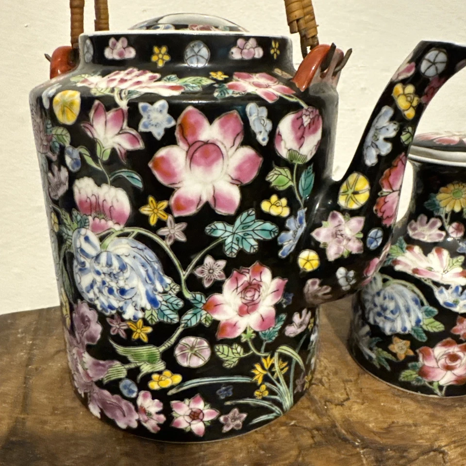 Tetera china Jingdezhen negra mil flores porcelana 6 pulgadas y maceta 5 pulgadas Foto 3 de 4