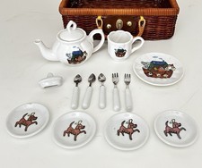 Vintage Lot of Misc. Child's Tea Set Pieces With Basket