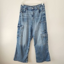 American Eagle Curvy Super High Rise Baggy Wide Leg Jeans Womens 16 Cargo Grunge