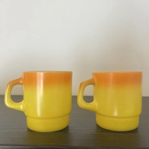 2 Anchor Hocking FireKing Coffee Mug Orange Yellow Ombre Stackable Vintage 1960s