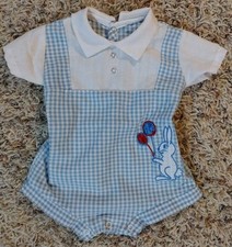 Baby Boy Vtg 80s Bunny  Balloons Blue Checked One Piece Romper Sz 18 mos