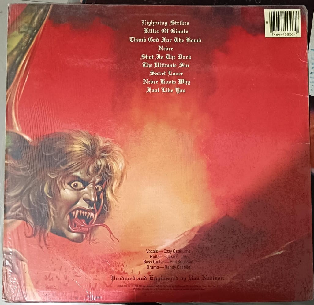 Ozzy Osbourne The Ultimate Sin LP Album 1986 CBS Oz40026 VG for