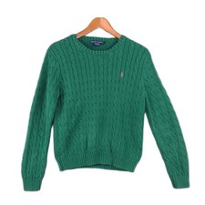 VTG Ralph Lauren Sweater Medium Green Cable Knit Crew Neck Logo 100 Cotton
