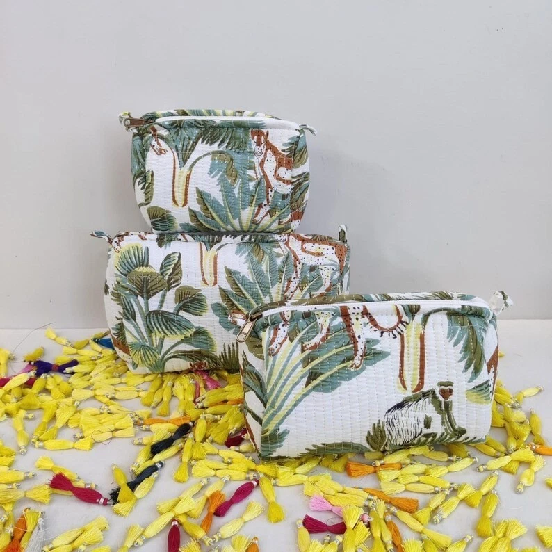Indian White Floral Cotton Quilted Toiletry Purse Cosmetic Storage Bag Of 3 Pc