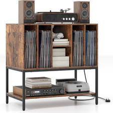Stylish Record Player Stand with Charging Station 150 Album Storage, Brown