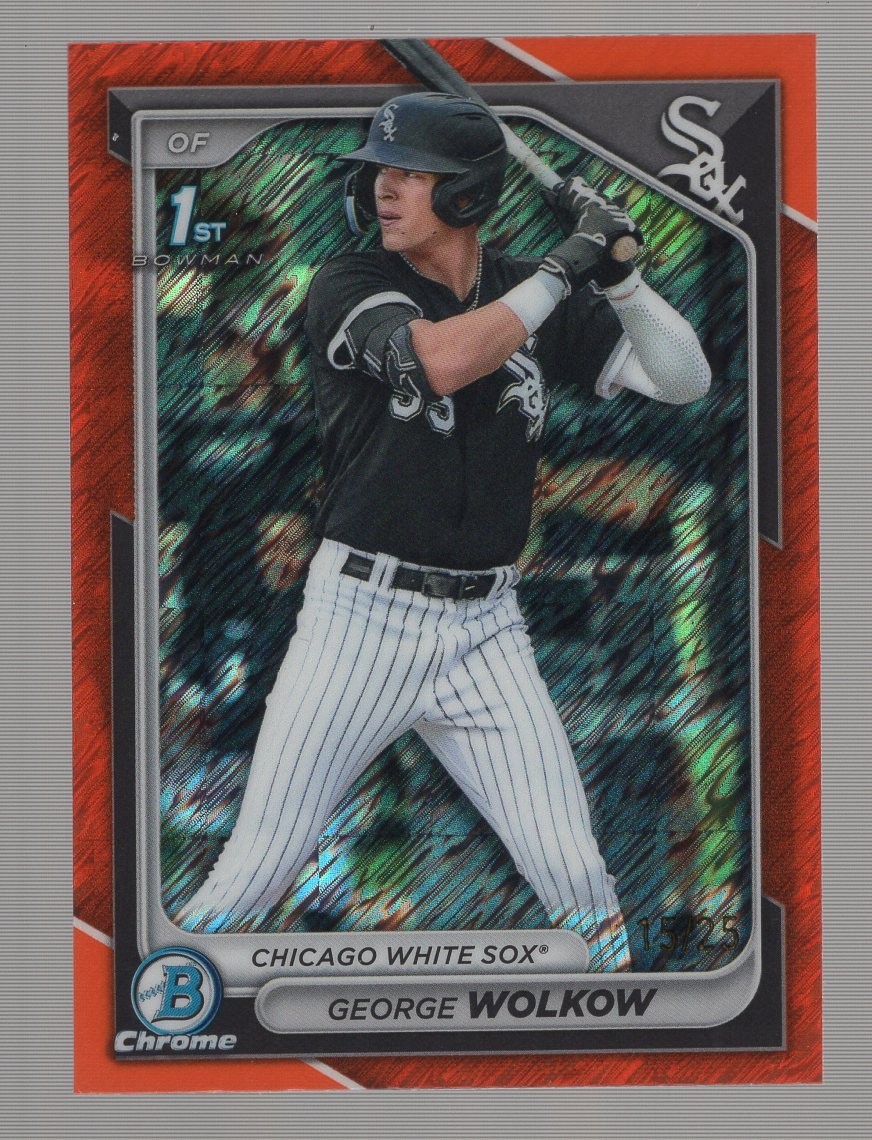 GEORGE WOLKOW 2024 BOWMAN CHROME ORANGE SHIMMER REFRACTOR 1ST RC #/25 WHITE SOX