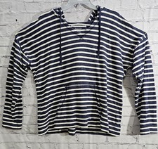 Blue And White Striped Lightweight Hoodie Pullover With Pocket Terry Women Sz XL