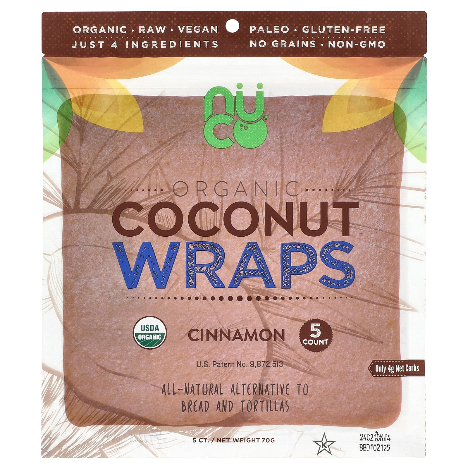 Органические кокосовые обертывания с корицей, 5 обертываний по 14 г каждое