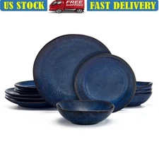 12 Piece Stoneware Dinnerware Set Service 4 Dishwasher Safe Plates & Bowls New