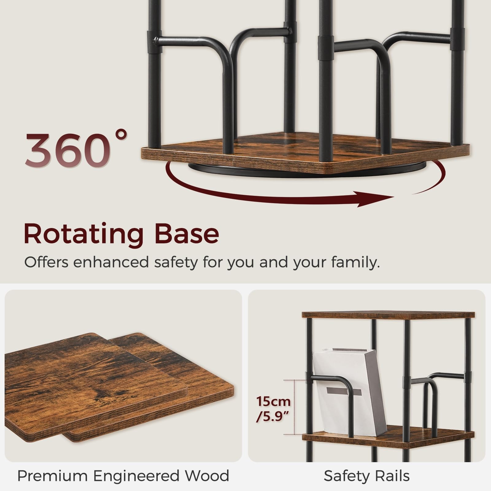 3-Tier Rotating Bookshelf Freestanding Corner 360° Spinning Bookcase Industrial