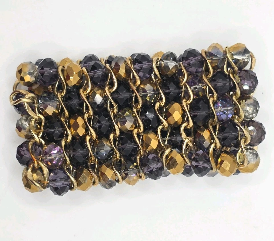 Raro Brazalete Swarovski Púrpura y Dorado 5 Hilos con Eslabones Tono Dorado, Elástico Foto 4 de 4