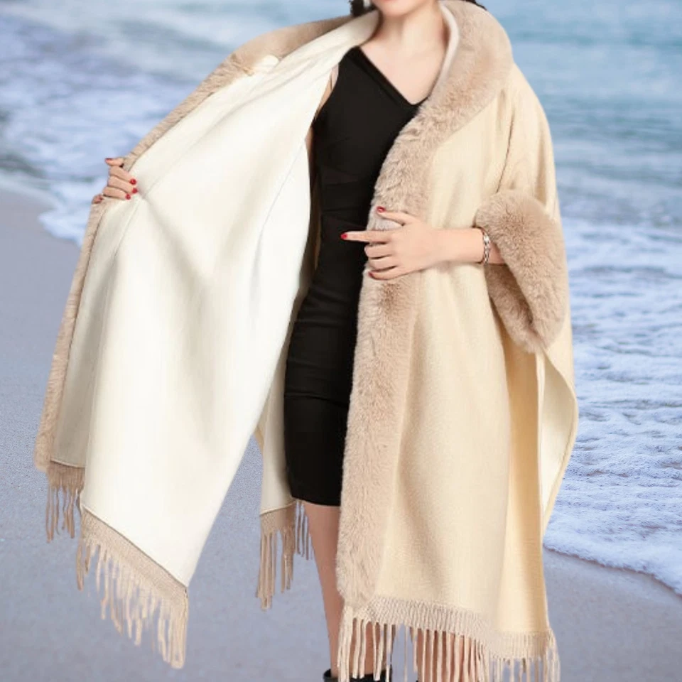 Women’s Hooded Faux Fur Cape Coat Winter Warm Shawl Poncho Jacket Beige - Image 3 of 4