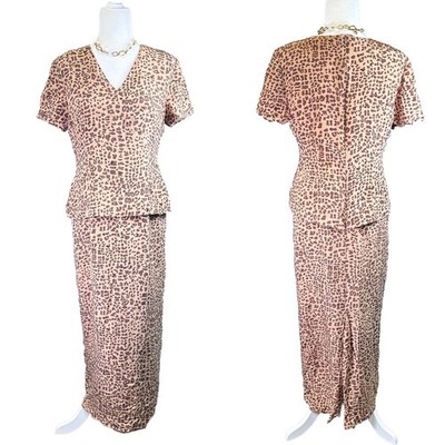 Vintage Leopard Print V Neck Peplum Maxi Dress Faux Two Piece 100% Silk Office