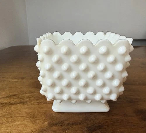 Vintage Fenton Hobnail Milk Glass Square Footed Planter Vase Scalloped Edge