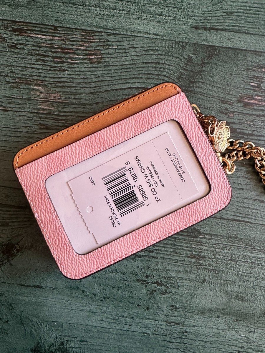 Coach CEC50 Zip Card Case Signature Canvas With Flower Charm