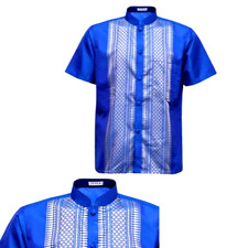 Shirt Men Thai Silk Sleeve Short XXL Thai Traditional Blue Casual Chest 50 Inc M