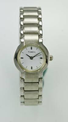 Timex Watch Womens Stainless Silver Steel Water Resistant Battery White Quartz