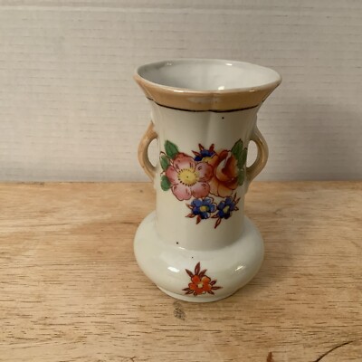 Vintage 5  White Porcelain Vase 2 Handles With Hand Painted Flowers Japan (I-2)