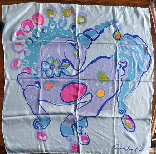 Kenneth Jay Lane UNICORN Jewels Square Silk Scarf Large Blue Pink  Japan 60s 70s - Picture 7 of 12