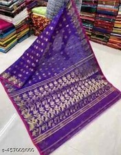 Indian Women's Dhakai Jamdani Cotton Silk Saree Without Blouse Festive Wear Sari