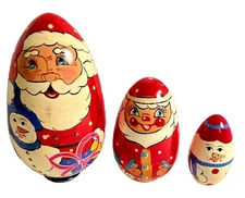 Set of 3 Vintage Hand Painted Nesting Santa & Snowman Dolls Wooden Detailed