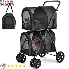 Double Pet Stroller W/ Detachable Carriers Safety Belt 4 Wheels Travel Cart New