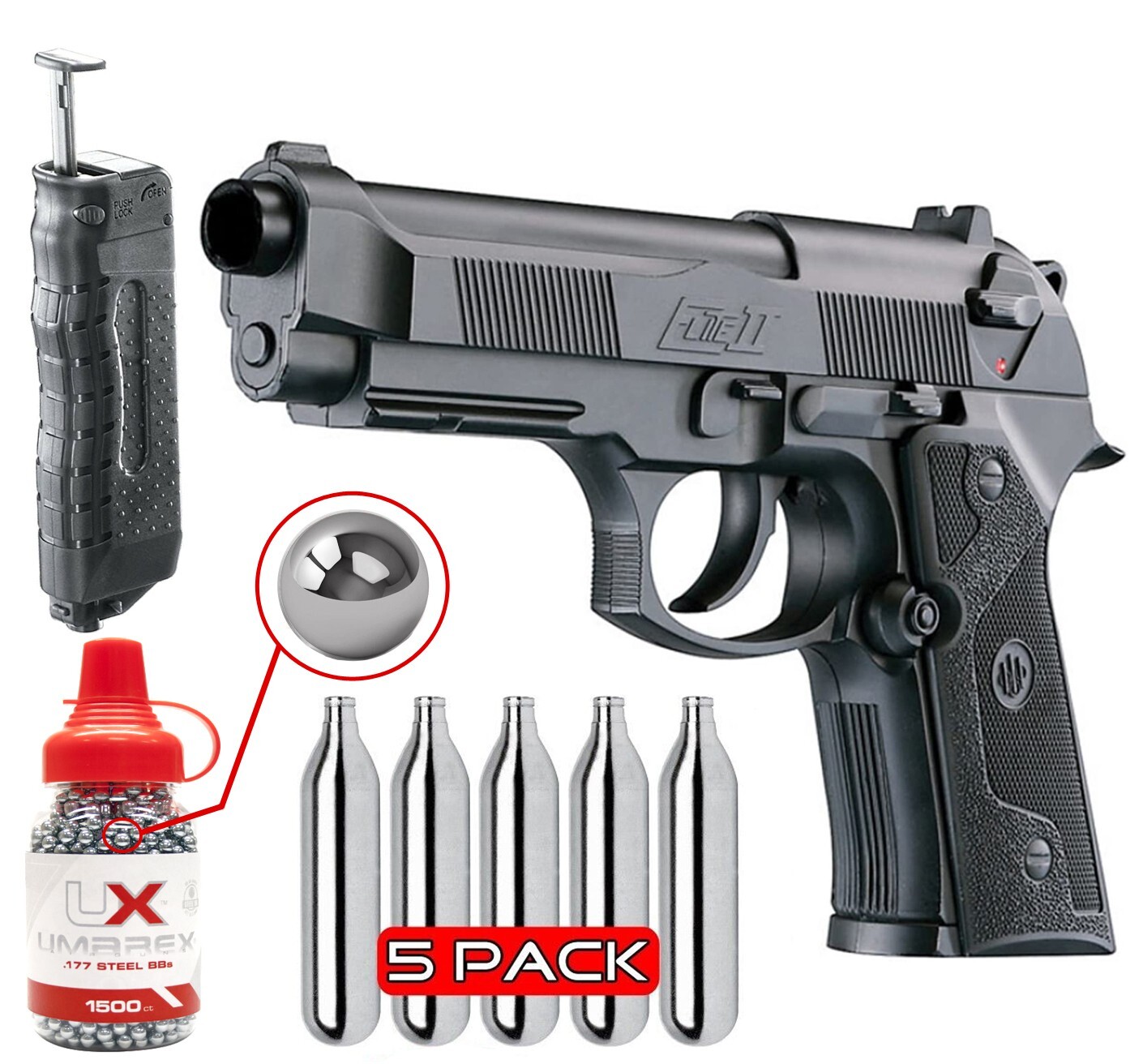 Umarex Beretta Elite II  .177 Cal Air Pistol w/ 1500 BBs, 5 CO2 & Speed loader