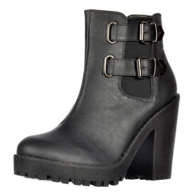 DAMEN RIHANNA CHELSEA STIEFELETTE SCHUH MIT ABSATZ SCHNALLEN SCHWARZ GRÖSSE