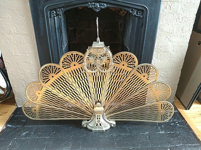 Antique Brass Fireplace Screen Folding Pea Fan Style With