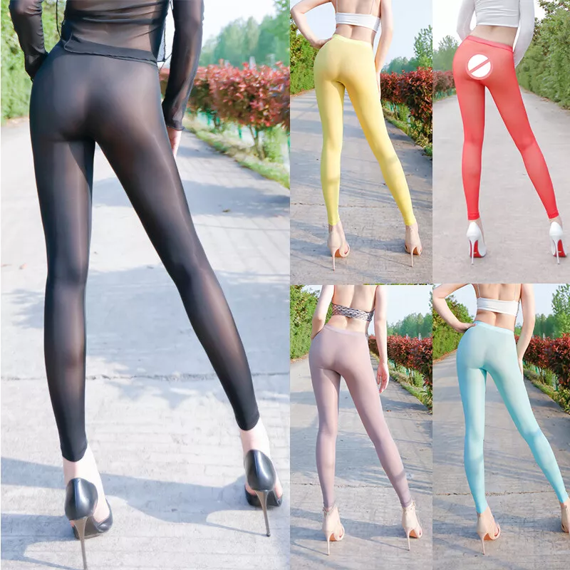 Women See-through Silky Shiny Glossy Leggings Stretch Long Pants