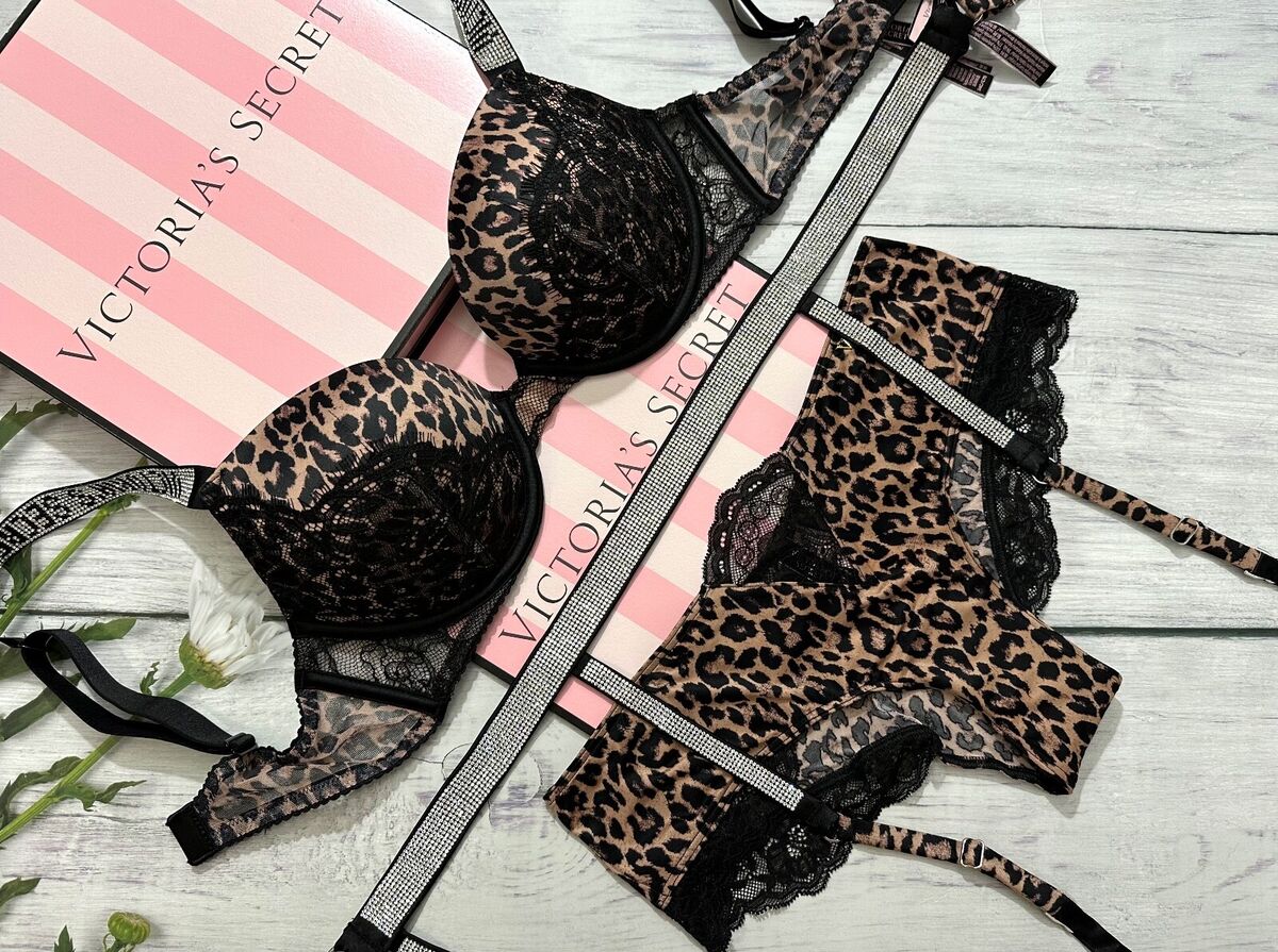 VICTORIA'S SECRET Very Sexy Push Up Shine Strap Bra Set 3 piece Set Leopard