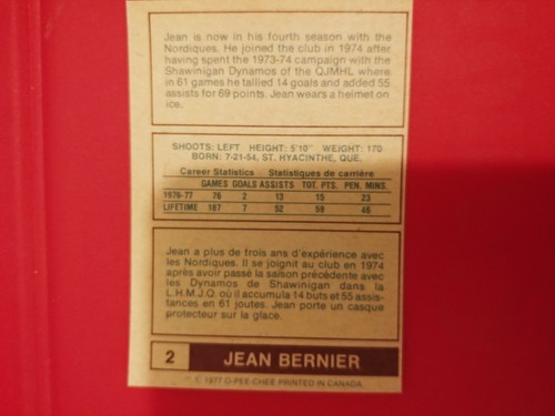 1977-78 OPC WHA Jean Bernier #2 Quebec Nordiques - Picture 2 of 2