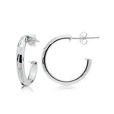 Sterling Silver 3mm High Polished Diamond Cut Half Hoop Earrings, 20mm