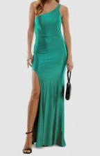 City Studios Womens Juniors' Green Glitter One-Shoulder Gown Dress Size 9/10