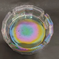 Blenko Ash Tray Iridescent Glass VTG 6" Round Heavy Convo Piece 4 Smoke Rests