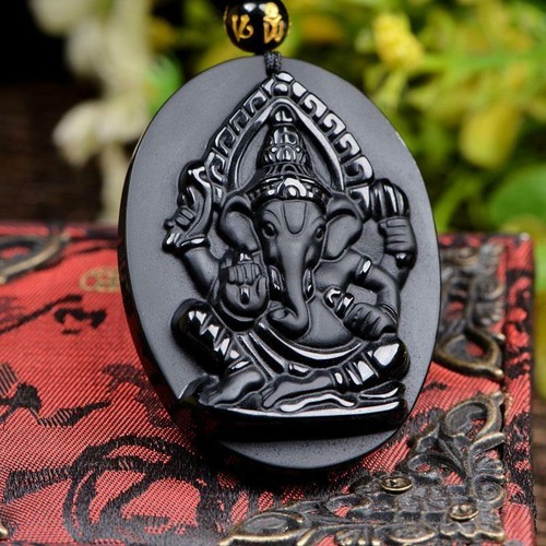 Black obsidian Ganesha elephant necklace Wealth Amulet pendant with bead chain - Afbeelding 1 van 7