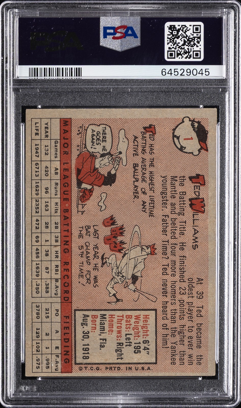 1958 TOPPS #1 TED WILLIAMS PSA 5 view 2