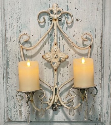 Distressed White Wall Candle Sconce 2 Arm Shabby Chic French Country 16.5 