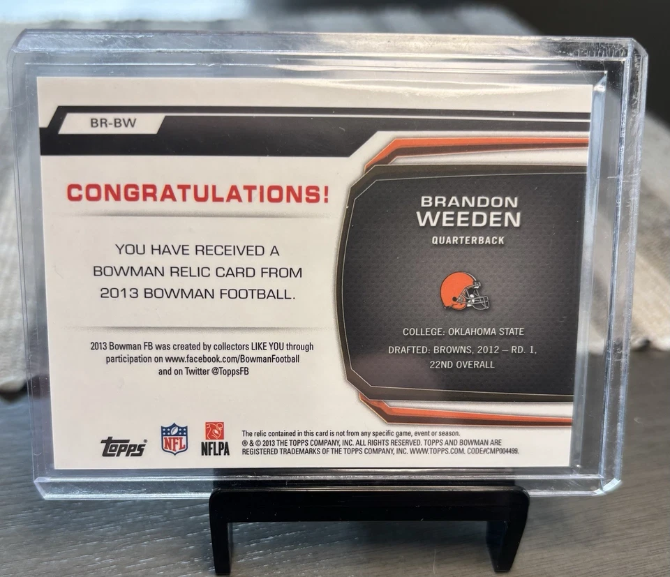 2013 Bowman Relics Jersey Gold SP/ 50 Brandon Weeden Jersey Browns- Oklahoma St - Image 2 of 2
