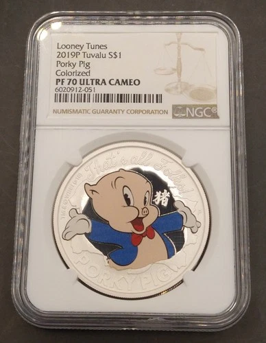 2019 P Tuvalu Looney Tunes Silver $1 Porky Pig Colorized Color NGC PR PF 70