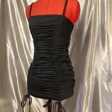 Black ruched mini bodycon dress with adjustable length!